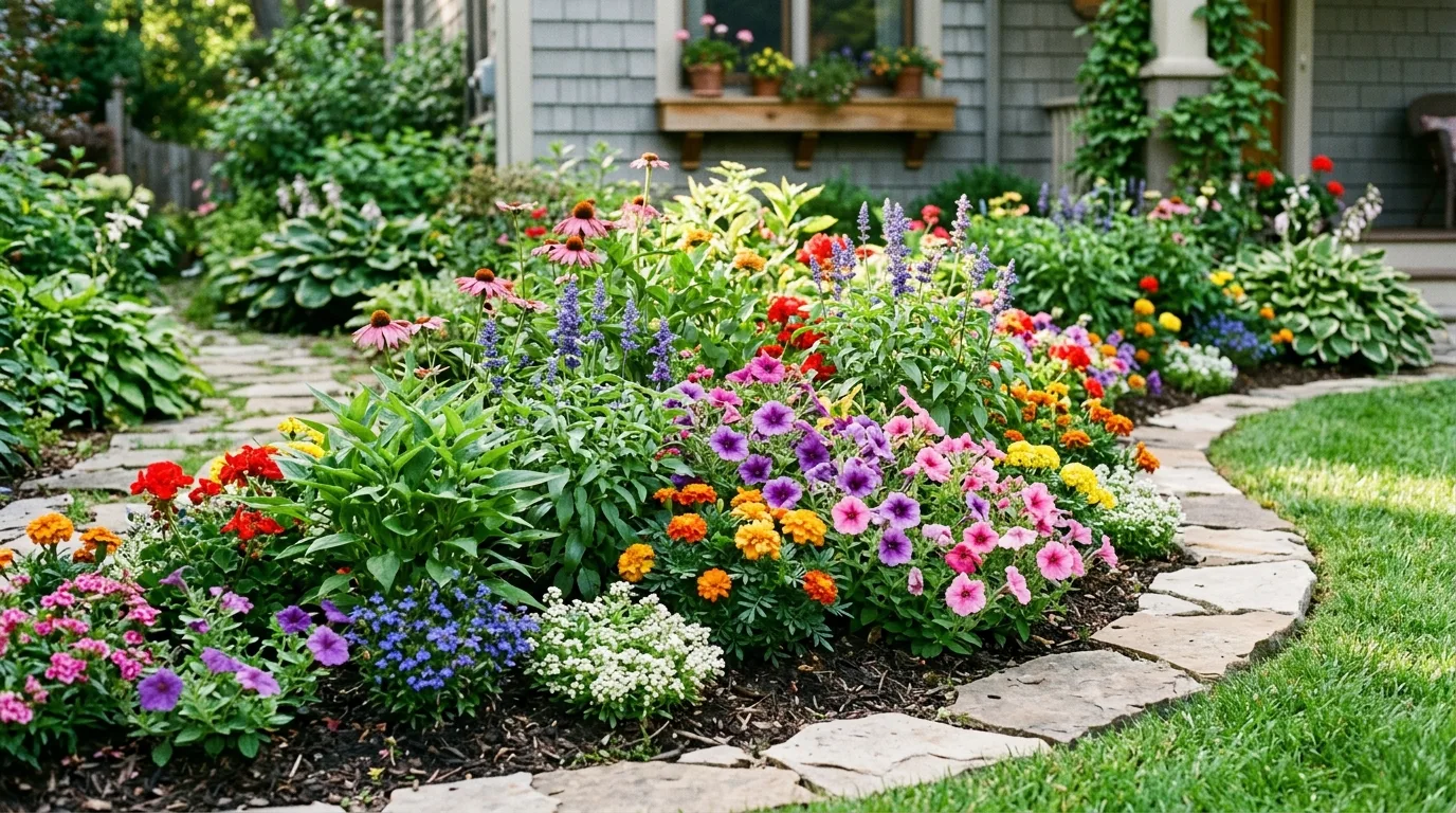 Layer plants by height for stronger depth inspiration for a front yard landscape.